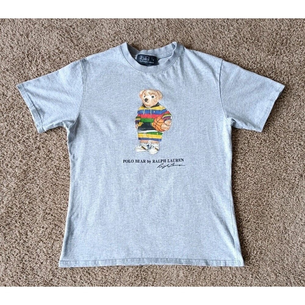 Polo Ralph Lauren T-Shirt Boys Size Small Gray Polo Bear Short Sleeve Vintage